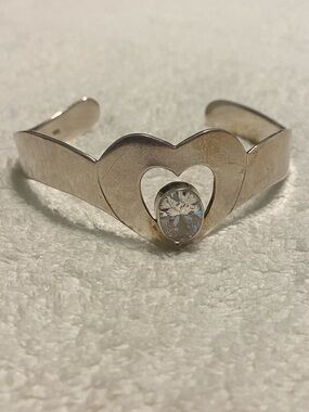 Sterling Silver 925 Heart Cuff Bracelet with Crystal CZ Accent